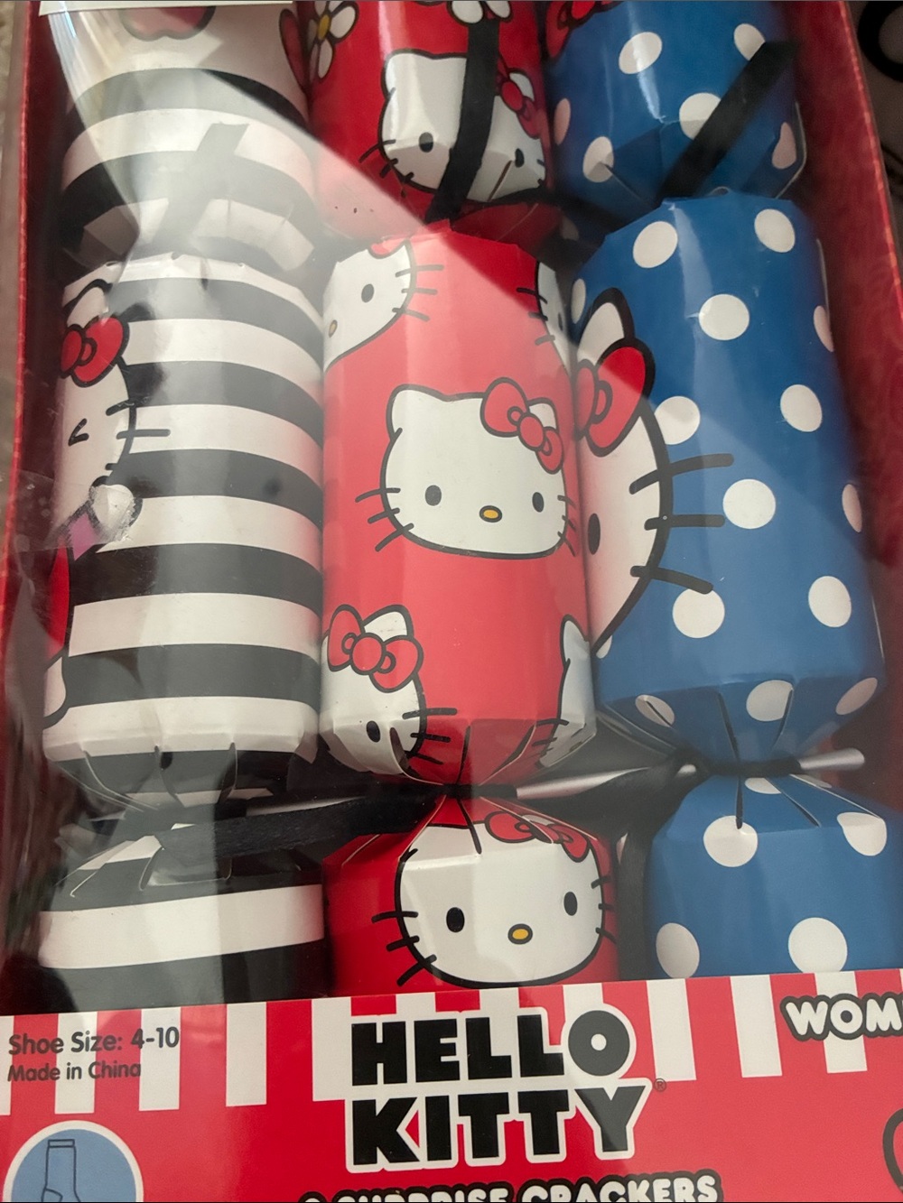 🎉Hello Kitty Red Black Blue Polka Dot & Stripe Sock Crackers - Picture 3 of 3